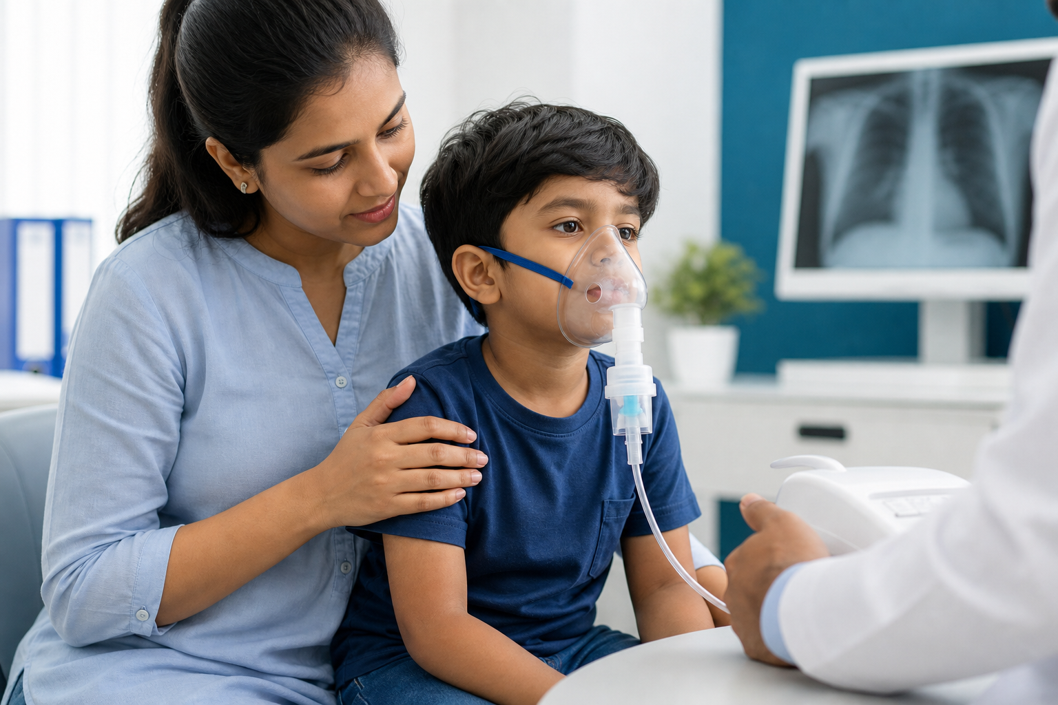 Indian child patient receiving nebulizer care